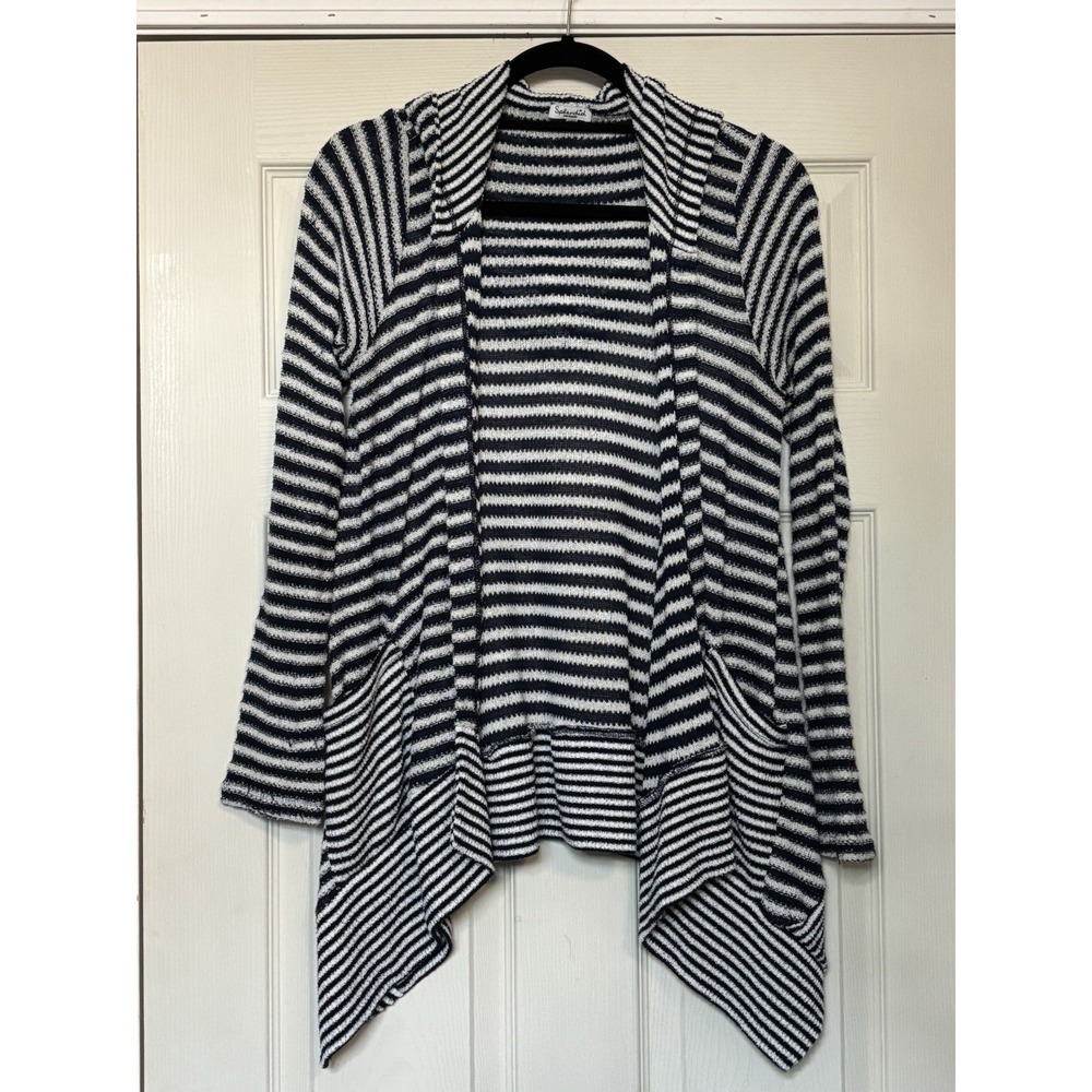 Splendid Women's Sz M Striped Waterfall Cardigan Hoodie Long Sleeve Navy/ White